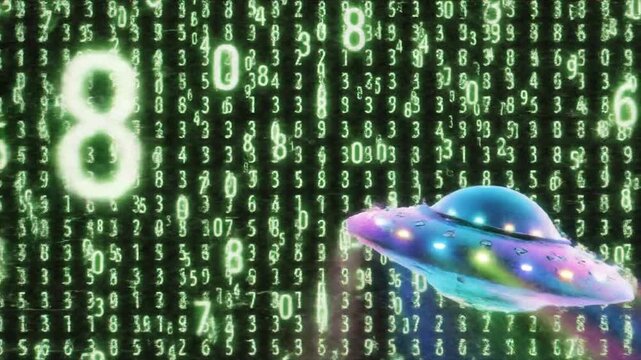 A futuristic, iridescent UFO hovers above a sea of green binary code on a computer screen, with a large, glowing number 9 prominently displayed