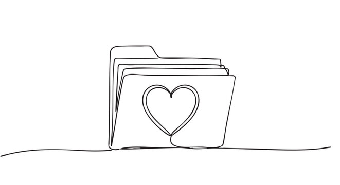 File folder with a heart symbol drawn in a continuous single line art style, representing favorite documents, love for work, or important personal data and information