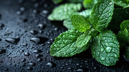 Mint leaves on a black granite surface with water droplets clinging to them.

