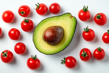 A halved avocado surrounded by tomatoes on a white background.
