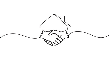 Obraz premium Continuous line drawing of a handshake and house symbol representing a real estate agreement, property sale, or successful business partnership in a minimalist graphic style