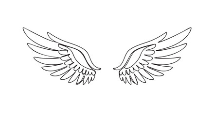 Obraz premium Pair of angel wings drawn in a continuous single black line style, showing a minimalist and elegant sketch of spread out feathers for a spiritual or freedom concept