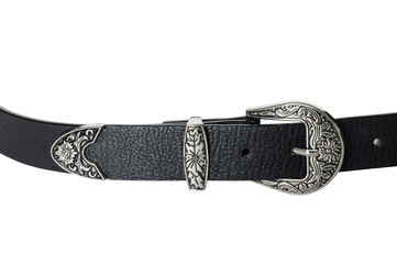 Black women's western belt with silver buckle with floral motifs isolated on white background.	
