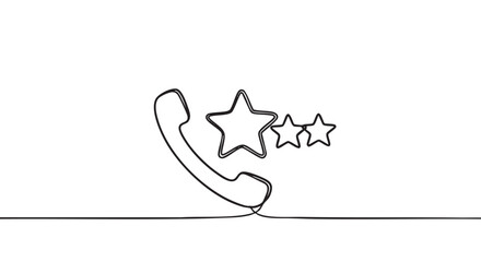 Obraz premium Telephone receiver and three stars drawn in a continuous single line art style, symbolizing a customer service review, call quality evaluation, and user feedback