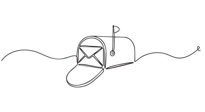 Open mailbox with a letter inside drawn in a continuous single line art style, featuring a raised flag for postal service pickup and a simple, modern aesthetic