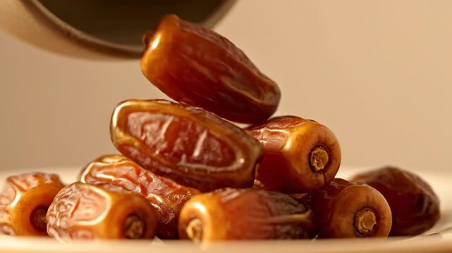 A pile of dates falling onto a heap on a flat surface viewed from a slight low angle
