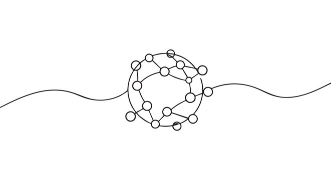 Continuous single line drawing of a global network sphere with interconnected nodes representing data and communication in a minimalist black and white illustration style