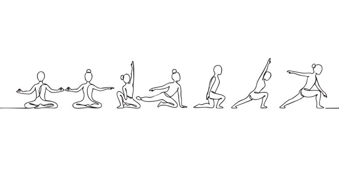 Continuous one line drawing of figures in various yoga poses shows a sequence of asanas for wellness and mindfulness in a minimalist black and white artistic style