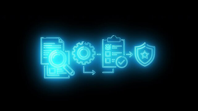 Neon blue icons of document, gear, clipboard, and shield on a black background with a glowing effect.