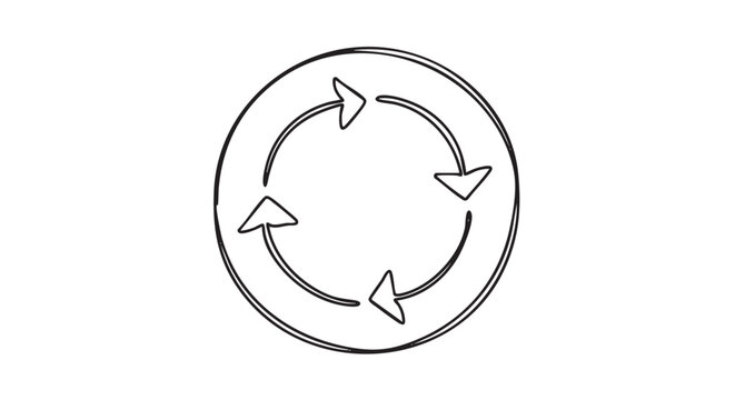 Hand-drawn black line art icon with four arrows moving in a clockwise circular motion, a minimalist doodle symbolizing a continuous cycle, workflow, or refresh process