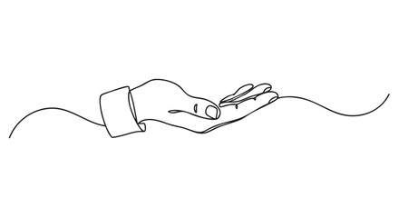 Obraz premium One continuous black line art illustration of a cupped human hand with a shirt cuff, symbolizing help, charity, and care in a simple, elegant, and modern design