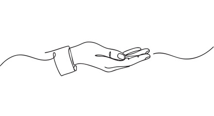 Obraz premium Single continuous line drawing of a hand with an open palm in a giving or receiving gesture, rendered in a minimalist black and white style for concepts of help and support