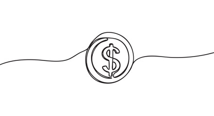 Obraz premium Dollar sign coin drawn in a continuous single line art style representing finance, economy, and currency in a minimalist black and white illustration for business concepts