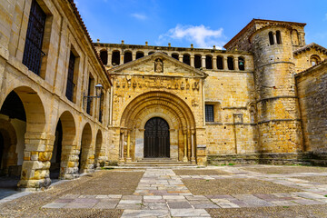 Impressive main facade of the collegiate church of Santa Juliana, medieval church of Santillana del Mar, Cantabria.