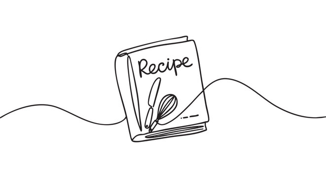 Minimalist recipe book with cooking utensils on the cover, illustrated in a simple one-line drawing style with a flowing, uninterrupted black line