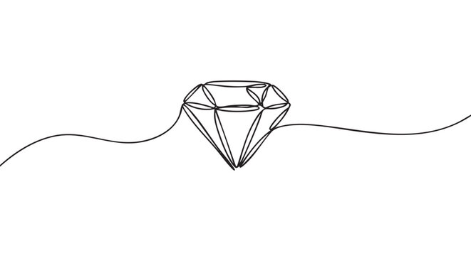 Continuous single black line drawing of a faceted diamond gemstone in a minimalist art style, creating an elegant and simple illustration of luxury, wealth, and precious jewelry