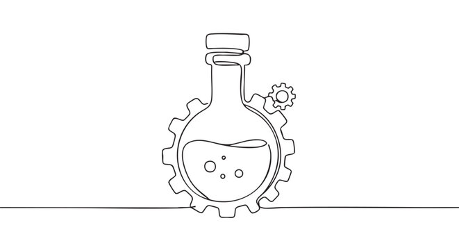 Laboratory flask with bubbling liquid inside a gear is drawn in a continuous single line style, symbolizing industrial chemistry, scientific innovation, and technology