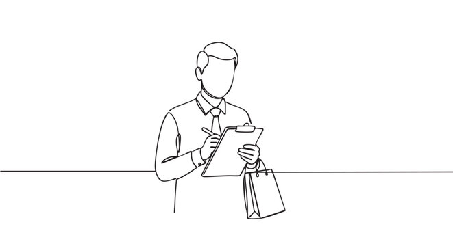 Continuous line drawing of a man writing on a clipboard while holding a shopping bag, representing a mystery shopper or quality control inspector in a minimalist style
