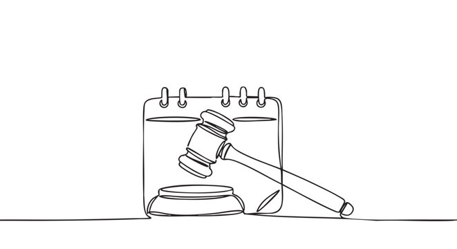 Judge's gavel and sound block with a calendar drawn in a single continuous line art style, symbolizing legal deadlines, court dates, and justice system scheduling