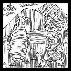 Tribal Line Art Illustration of Two Penguins in an Arctic Landscape