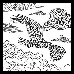 Tribal Line Art Illustration of an Eagle Soaring over a Forest
