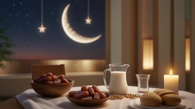A serene iftar table setting with food, milk, and candlelight in a cozy room overlooking a nighttime view with a crescent moon