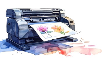 Inkjet printer printing floral artwork, with colorful watercolor accents