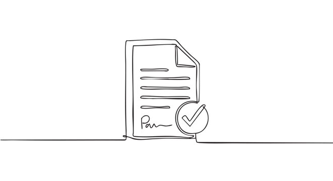 Signed document with an approved checkmark drawn in a continuous single line style, symbolizing a successful agreement, completed contract, or verified paperwork