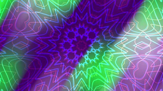 Geometric kaleidoscope overlay patterns in shades of green, purple, and blue suitable for backgrounds, textiles, packaging, and stationery design projects.