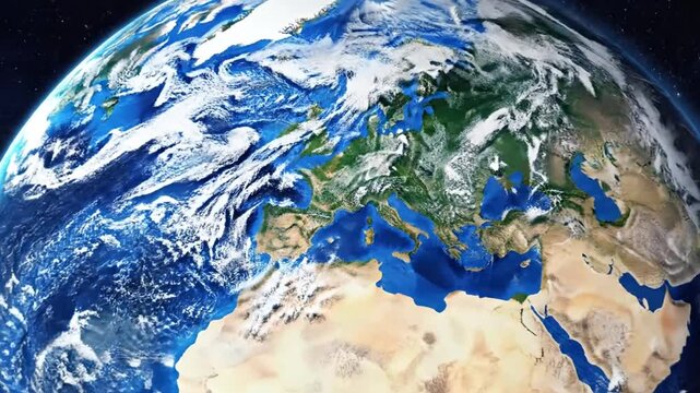 A stunning visual representation of our planet from space, showcasing the curvature of the Earth with a mix of vast oceans, continents, and swirling cloud formations
