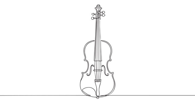 Minimalist continuous line art violin is elegantly depicted with a single flowing black stroke, showcasing its classic musical instrument form in a clean, artistic style