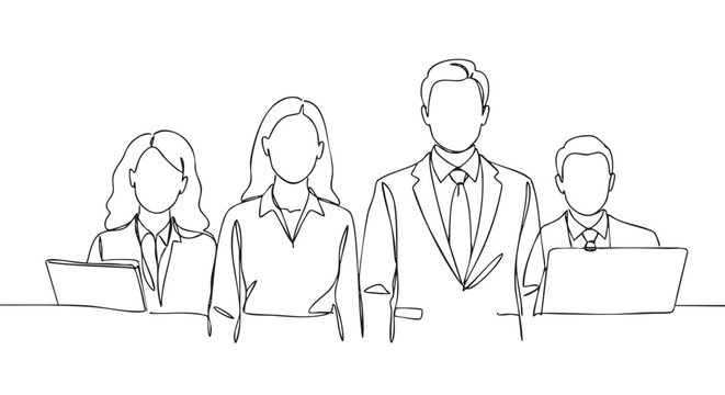 Four diverse business professionals are depicted in a continuous line art style, showcasing teamwork and modern collaboration with two individuals working on laptops