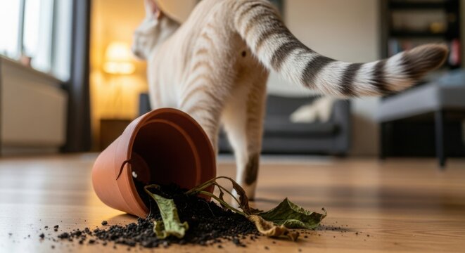 Cat knocked over plant pot, scattering dark soil and dry leaves on wooden floor. Mischievous domestic cat knocked over plant creates indoor mess, demonstrating naughty pet behavior.
