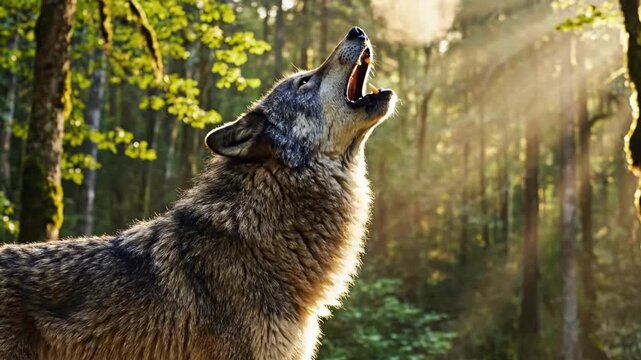 A wolf howling up at the sunlit forest, with trees and greenery in the background, capturing a moment of wild nature