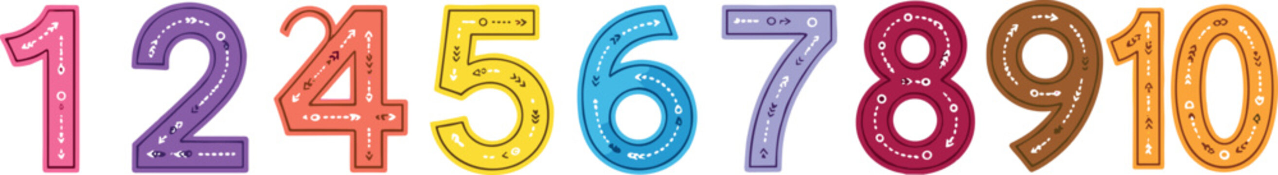 Colorful number set from one to ten with decorative stitched style isolated on white background educational cartoon vector illustration