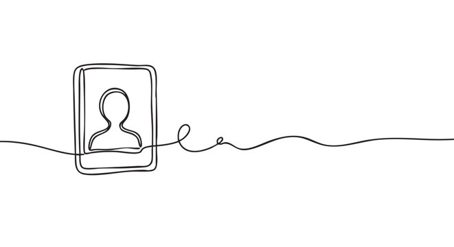 Minimalist continuous line drawing of a user profile icon, framed within a rectangle, with the single black line extending horizontally in a wavy pattern