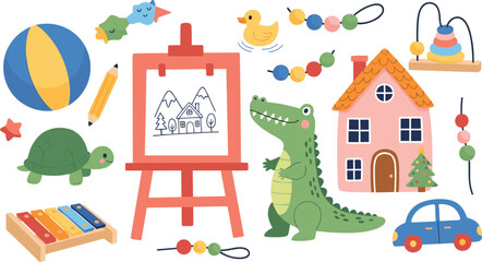 Cute kids toy collection with easel crocodile house car beads turtle ball and musical xylophone isolated on white background nursery cartoon vector illustration set © MdAbdul