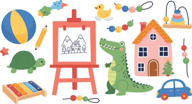 Cute kids toy collection with easel crocodile house car beads turtle ball and musical xylophone isolated on white background nursery cartoon vector illustration set