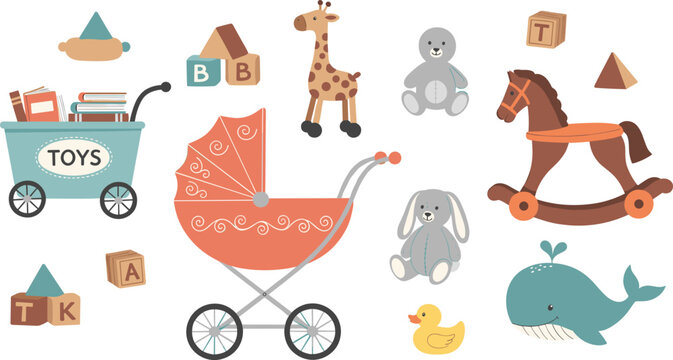 Cute baby toy collection with stroller teddy giraffe rocking horse whale blocks and duck isolated on white background nursery cartoon vector illustration set
