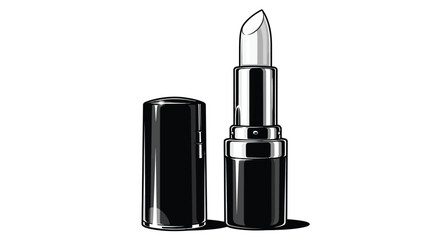 Clear lipstick in black tube with silver accents standing upright with cap off