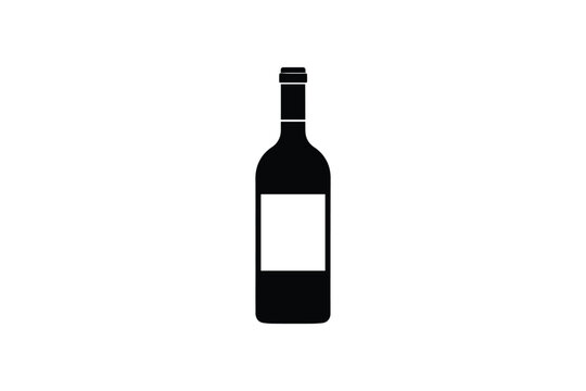 Wine bottle black and white silhouette, simple icon of alcoholic beverage container, label space included