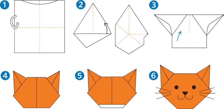 Origami cat face folding instructions step by step paper craft diagram isolated on white background educational vector illustration