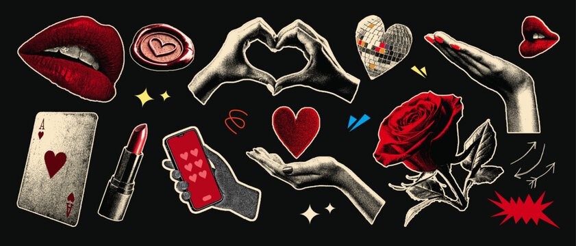 Valentine's day scrapbook halftone cutout set of rose, Flying Kiss, lipstick, Heart, playing cards, Kiss Mark, Disco ball,  with vintage grunge dot texture.