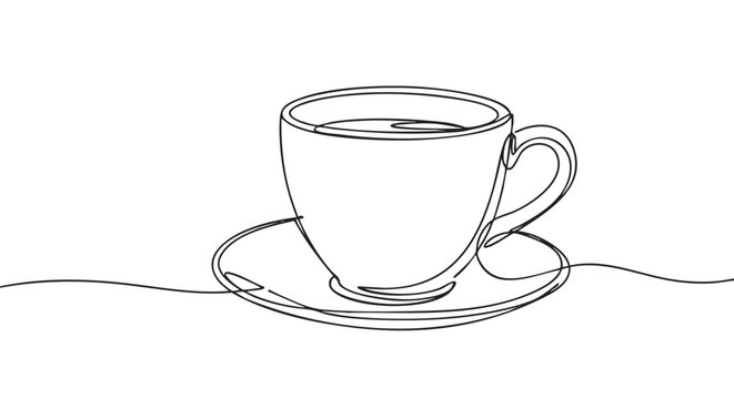 Minimalist continuous line drawing coffee cup with a saucer, presented as a simple black illustration, conveying a sense of elegance and modern simplicity with its fluid artistic style