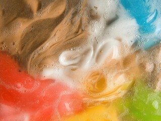 Fototapeta premium Abstract water bubbles and colorful foam texture with orange, blue, and green swirls for creative cosmetic branding or skincare product backdrop