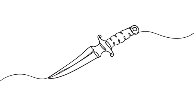 Minimalist continuous line art dagger illustration is depicted with a flowing black single stroke, showcasing its sharp blade and ornate hilt in a clean, artistic style