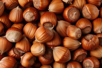 Obraz premium Close up of hazelnuts, showcasing their rich brown color and unique textures, perfect for food related projects