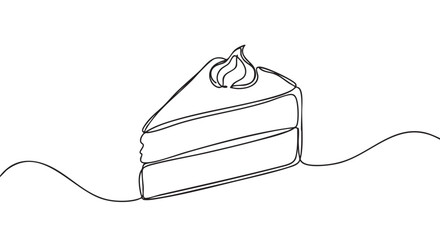 Naklejka na ściany i meble Delicious single line art cake slice with creamy frosting on top, rendered in a modern minimalist black and white illustration style