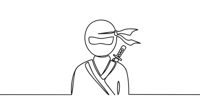 Minimalist continuous line drawing of a ninja warrior wearing a traditional mask and headband, with a katana sword visible on their back, rendered in a simple, elegant art style