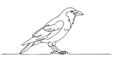 Naklejka premium Sleek black line art crow stands in a minimalist side profile, rendered with a single continuous stroke, showcasing elegant simplicity and artistic design